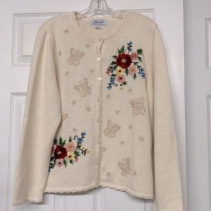 Haband Vtg? Embroidered Floral Neutral Butterflies Button Front Cardigan Sz L